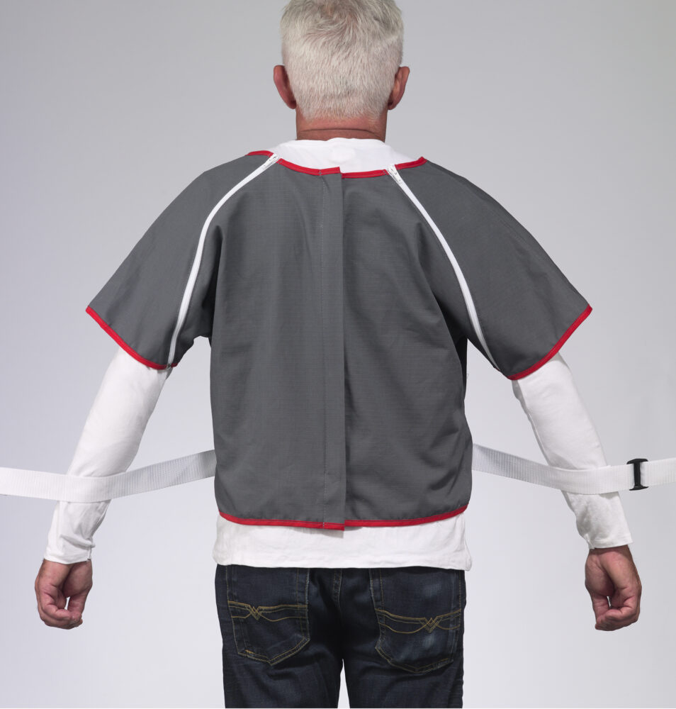 Restraint vest with zipper on shoulders for IV access Belpro